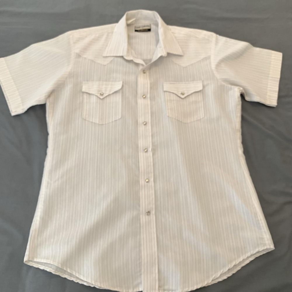 Vintage Karman Shirt Mens Large White Stripe Short Sleeve Pearl Snap Western